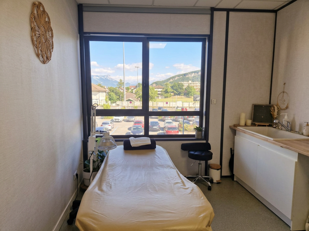 Salle de soin du cabinet avec vue sur les montagnes depuis la fenêtre et plan d'eau avec lavabo