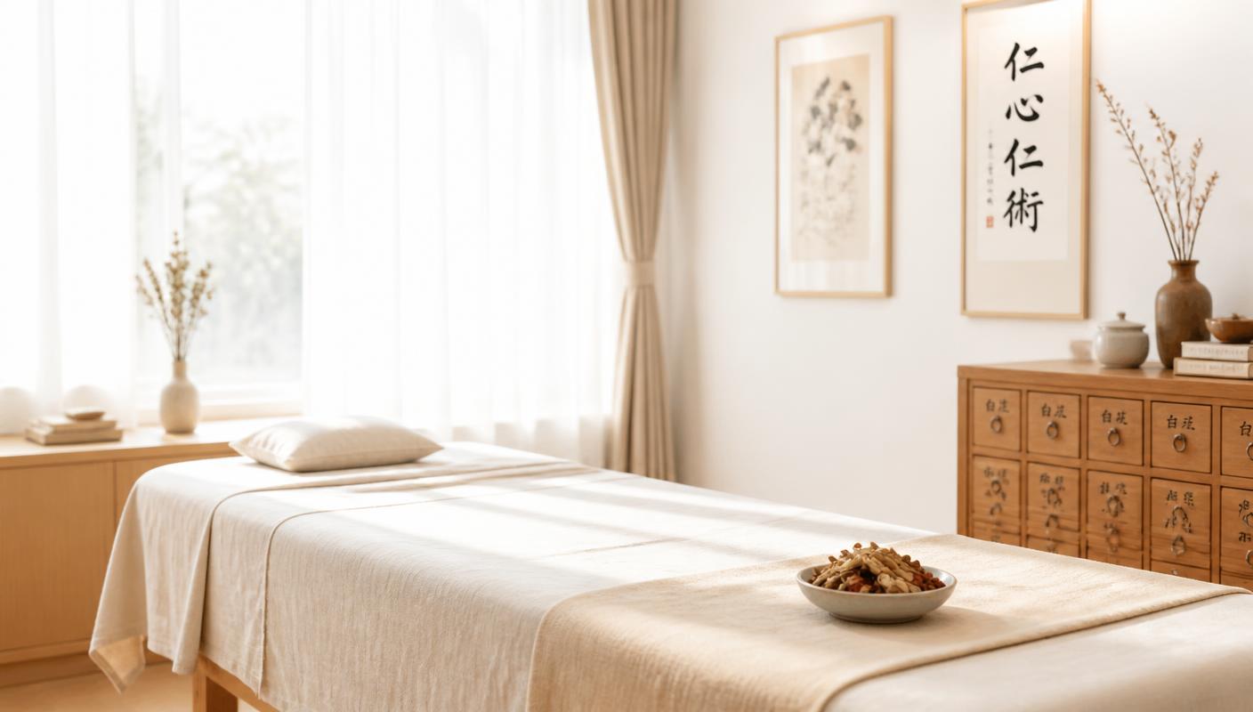 Salle de soin lumineuse du cabinet de médecine traditionnelle chinoise : table de soin en lin clair et plantes médicinales