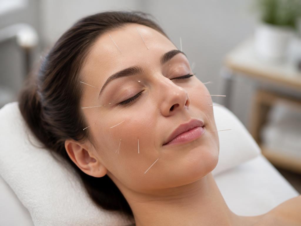 Visage d'une patiente allongée sur la table de soin, aiguilles fines d'acupuncture posées sur le front et les joues