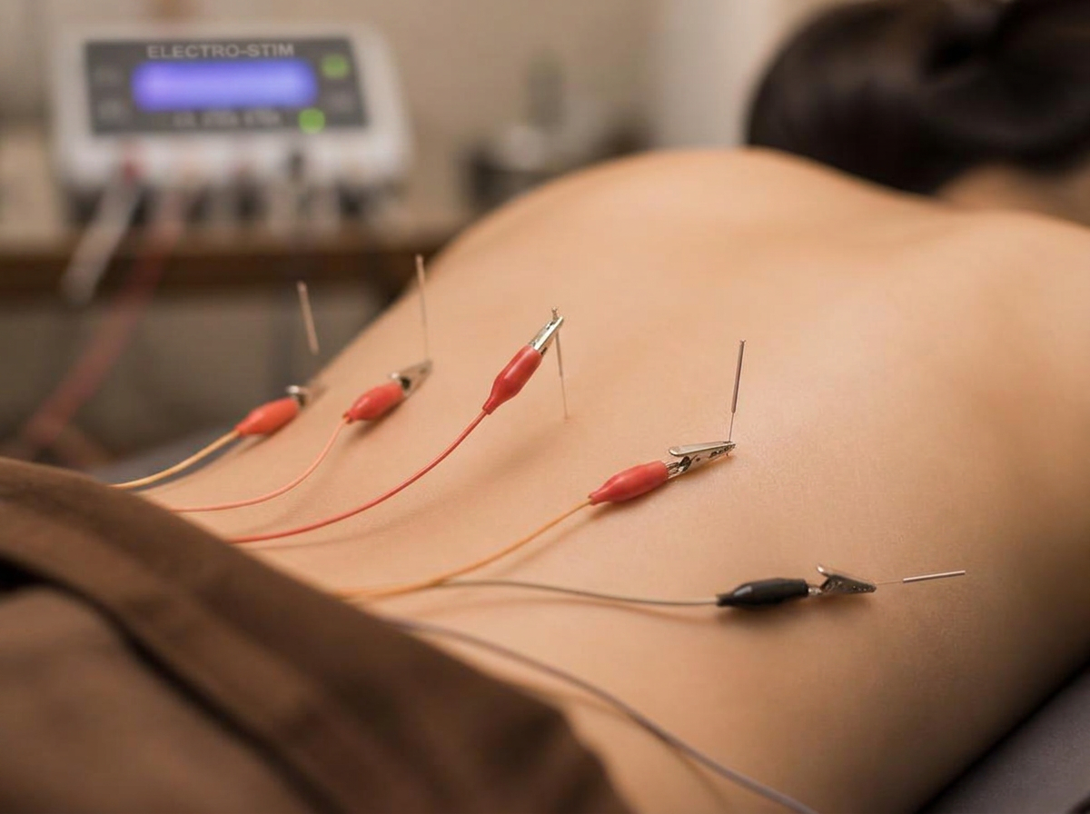 Aiguilles d'acupuncture reliées à un appareil d'électrostimulation douce sur le bas du dos