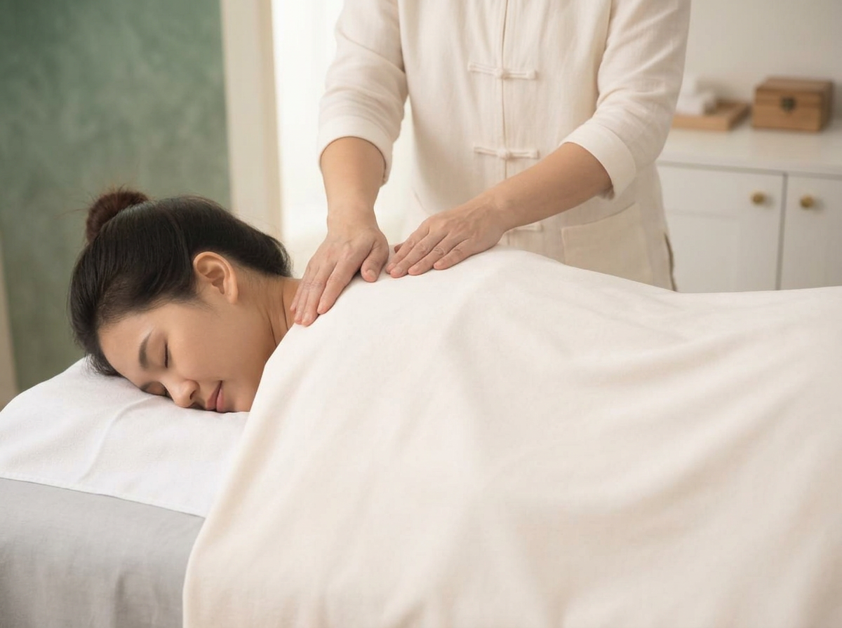 Massage Tui Na réalisé sur une patiente allongée, le corps couvert d'un drap de soin